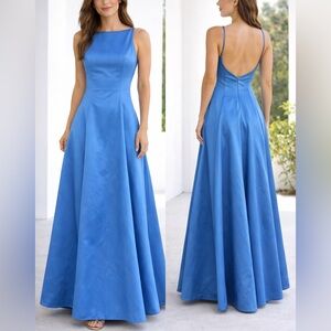 Cache‎ Open Back Satin Gown | Size 4 | Blue | Long Formal Evening Dress